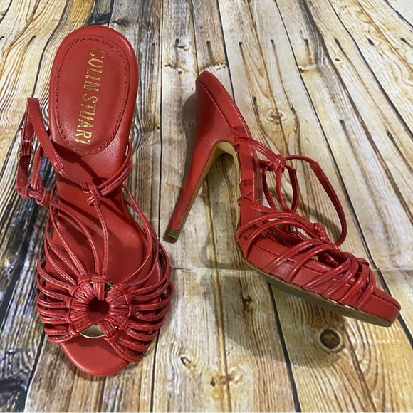Colin Stuart Red Leather 5” Stiletto Peep Toe Heels Size 6 B - Picture 1 of 5